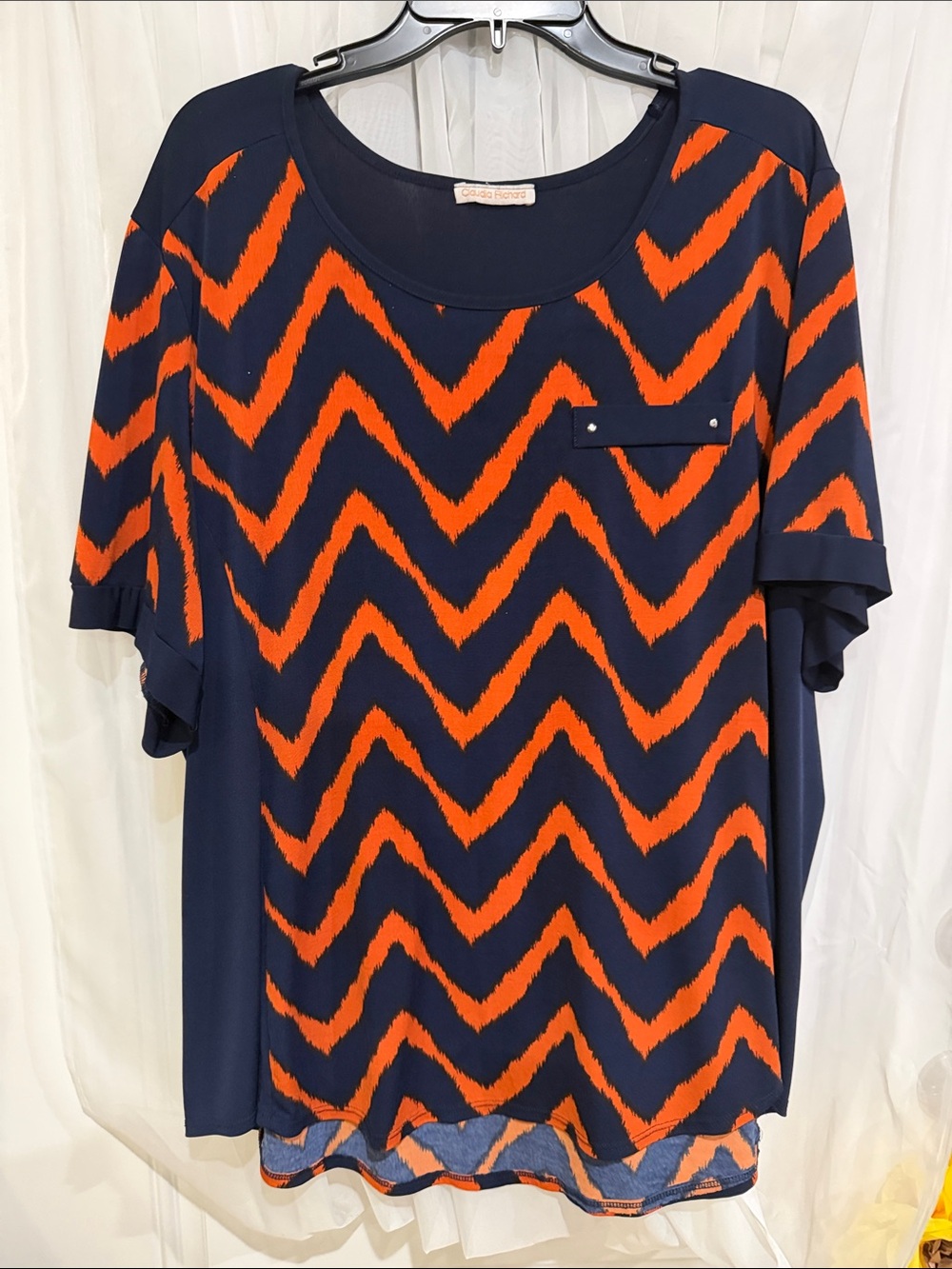Claudia Richard Navy and Orange Chevron Short Sleeve Top